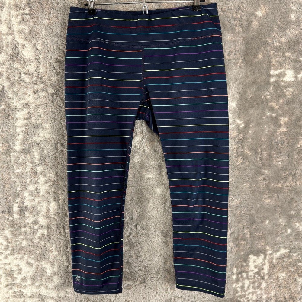 Athleta Size L Rainbow Striped Be Free Crop Leggings Navy Blue Women